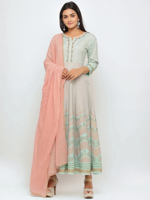 

TARA-C-TARA Women Sea Green & Peach-Coloured Printed Maxi Dress with Dupatta