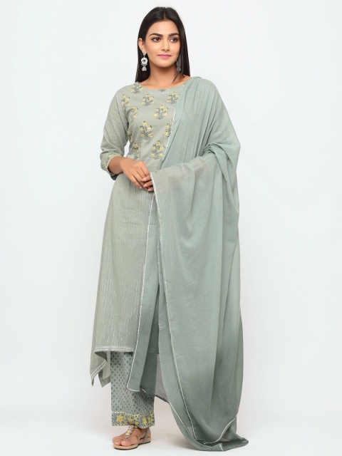 

TARA-C-TARA Women Green & Mustard Yellow Block Printed Kurta with Palazzos & Dupatta