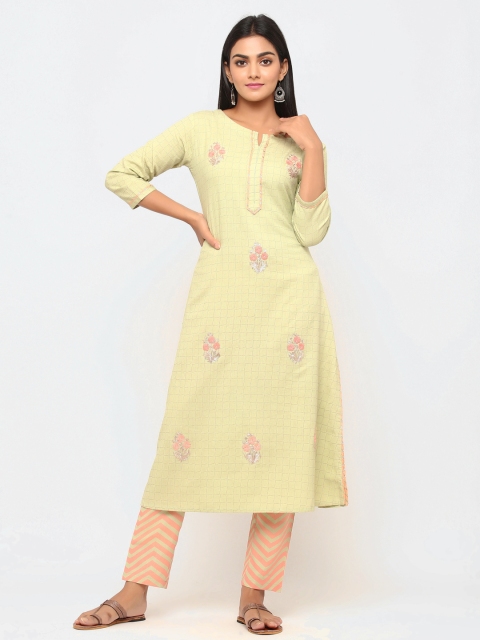 

TARA-C-TARA Women Green & Peach-Coloured Embroidered Kurta with Trousers