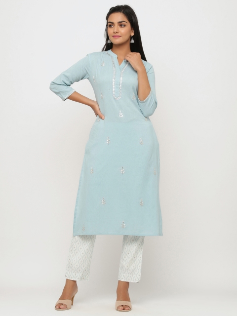 

TARA-C-TARA Women Blue & White Embroidered Kurta with Trousers