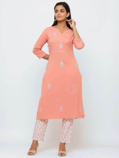 

TARA-C-TARA Women Coral Pink & White Embroidered Kurta with Trousers