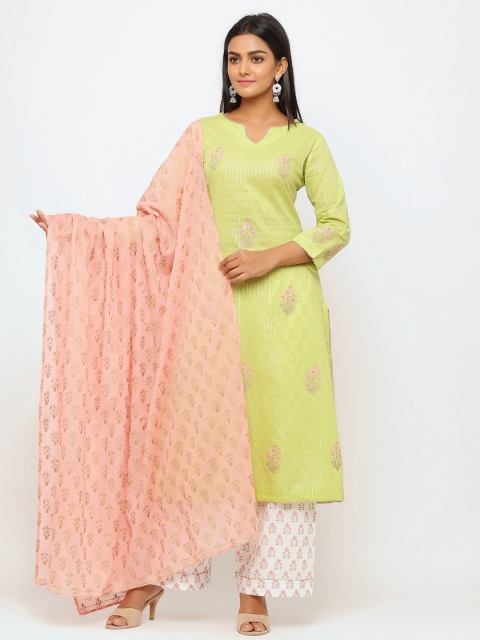 

TARA-C-TARA Women Green & Off-White Dobby Block Print Striped Kurta Set & Dupatta