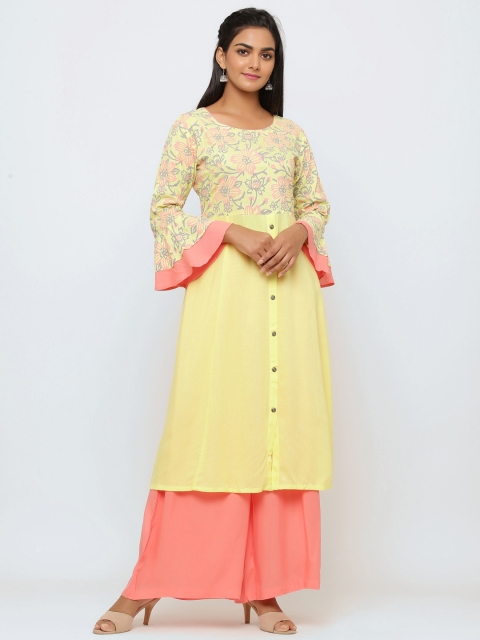 

TARA-C-TARA Women Yellow & Pink Floral Print Kurta with Palazzos
