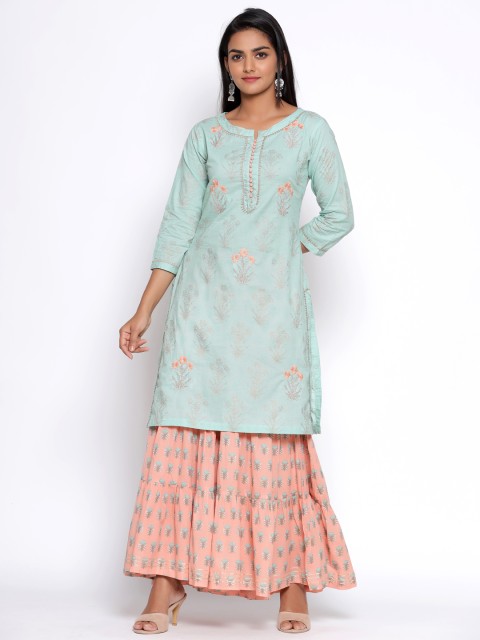 

TARA-C-TARA Women Blue & Peach-Coloured Floral Screen Print Kurta with Sharara