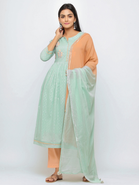 

TARA-C-TARA Women Blue & Peach-Coloured Woven Design Dobby Weave Kurta Set & Dupatta, Green