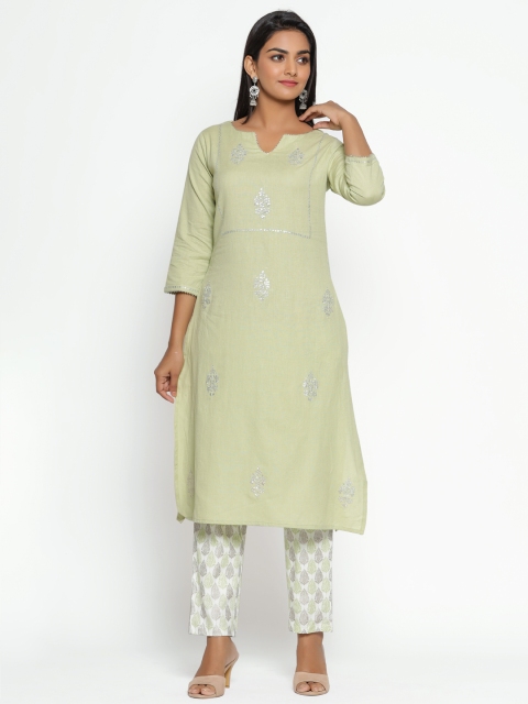 

TARA-C-TARA Women Green & Off-White Embroidered Kurta with Trousers