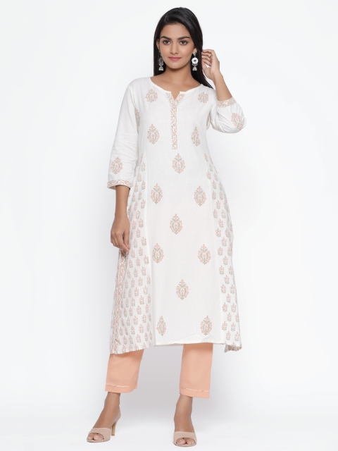 

TARA-C-TARA Women Off-White & Peach-Coloured Block Print Straight Kurta