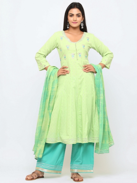 

TARA-C-TARA Women Green & Blue Dobby Weave Kalidar Embroidered Gotta Patti Kurta Set