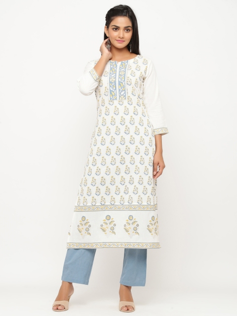 

TARA-C-TARA Women White & Mustard Yellow Block Print Straight Kurta