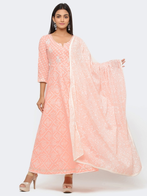 

TARA-C-TARA Women Peach-Coloured & Off-White Bandhani Print Maxi Dress with Dupatta