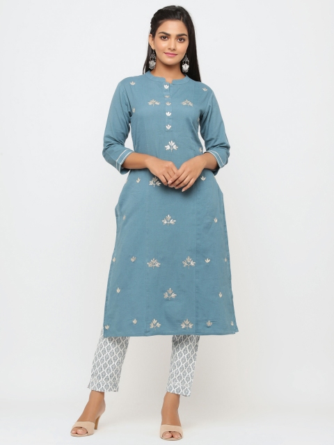 

TARA-C-TARA Women Teal Blue & White Gotta Patti Embroidered Kurta with Trousers