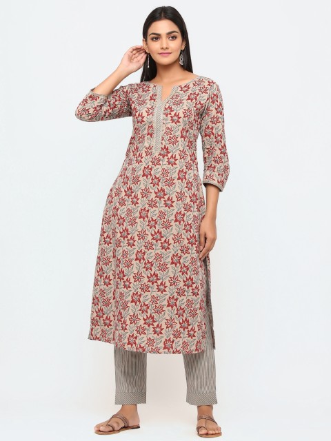

TARA-C-TARA Women Taupe & Maroon Printed Kurta with Trousers