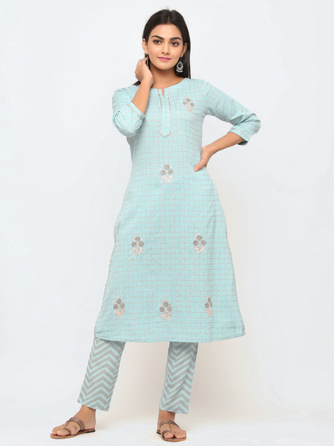 

TARA-C-TARA Women Blue & Golden Checked Zari Embroidered Detail Kurta with Trousers