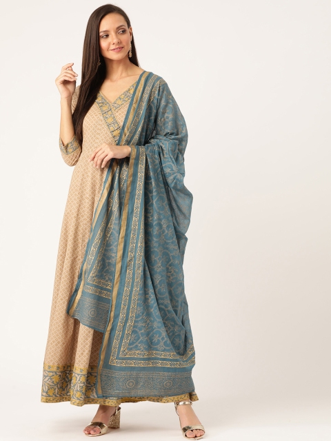 

TARA-C-TARA Women Beige Block Print Maxi Dress with Dupatta