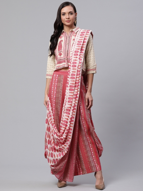 

Divena Women Beige & Coral Red Printed Shirt & Palazzos with Attached Dupatta