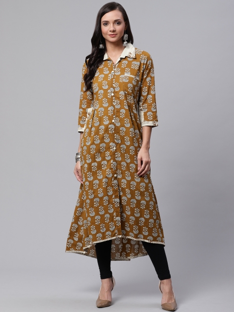 

Divena Women Olive Brown & White Printed High-Low A-Line Kurta