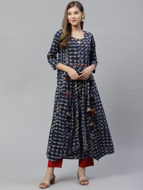 

Divena Women Navy & Beige Printed Layered A-Line Kurta, Navy blue