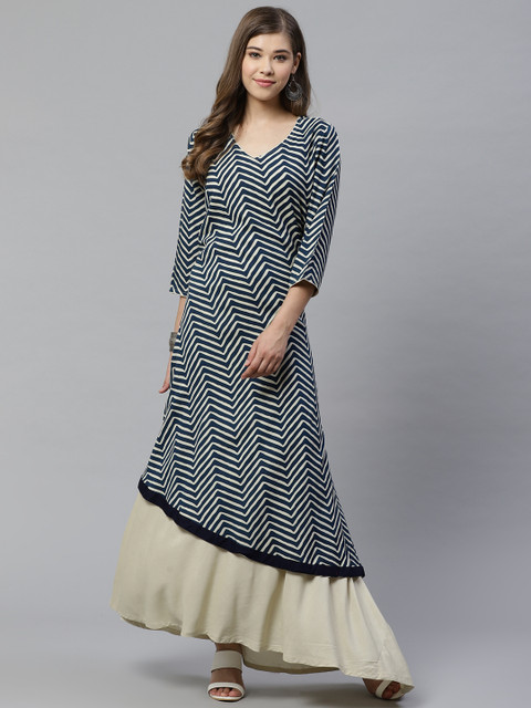 

Divena Women Navy Blue & Off-White Printed Layered A-Line Kurta
