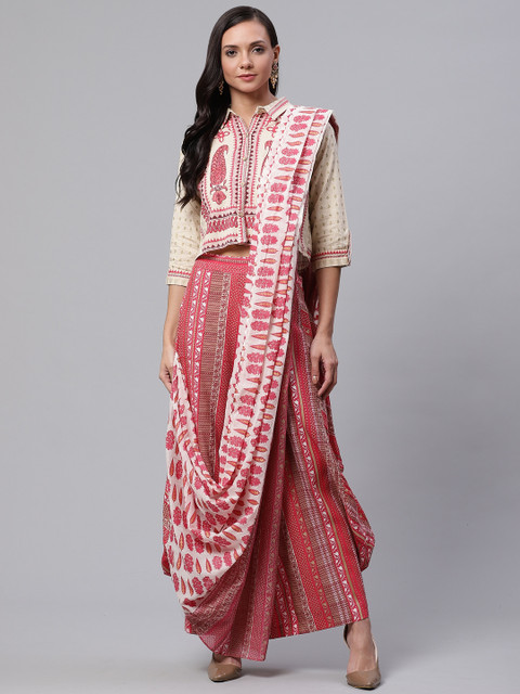 

Divena Women Beige & Coral Red Printed Shirt & Palazzos with Attached Dupatta
