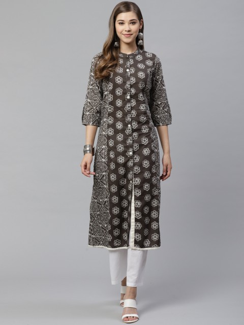 

Divena Women Taupe & White Floral Print A-Line Kurta