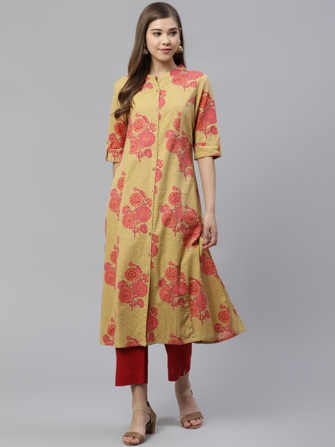 

Divena Women Mustard Yellow & Pink Printed A-Line Kurta