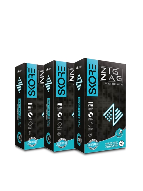 

SKORE Pack of 3 Zig Zag Dotted and Ribbed Condoms, Black
