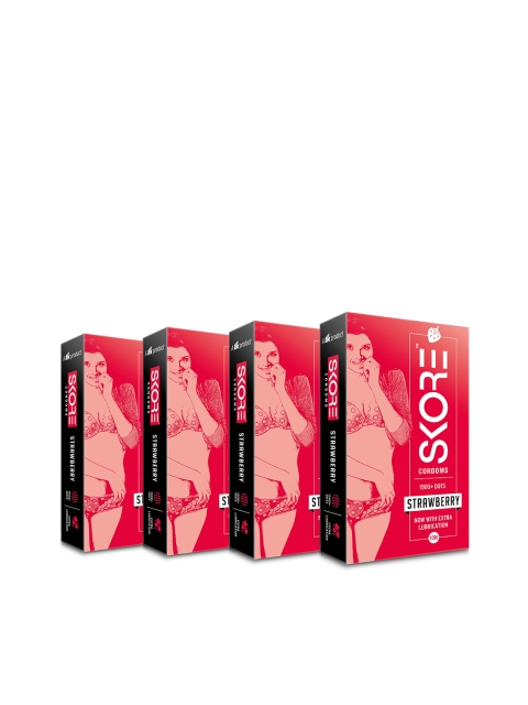 

SKORE Pack of 4 Strawberry Flavoured Dotted Lubricated Condoms, Pink