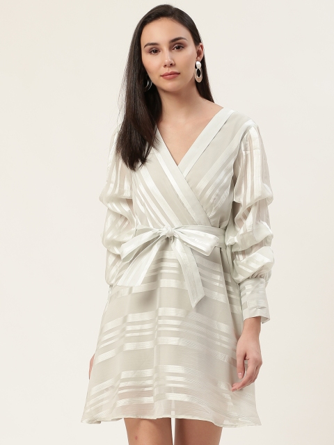 

DODO & MOA Women Grey & Off White Striped Wrap Dress With Belt