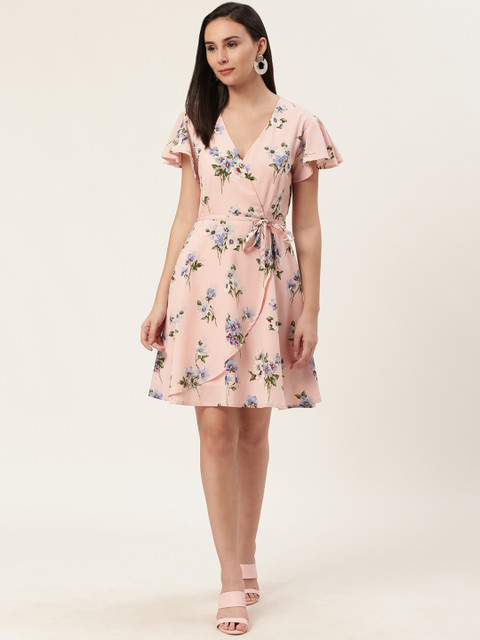

DODO & MOA Women Pink & Blue Floral Printed Layered Wrap Dress With Belt