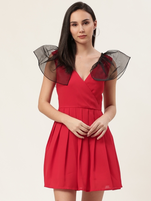 

DODO & MOA Women Red Solid Ruffled Pleated Wrap Dress