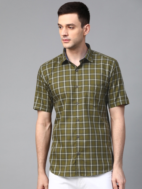 

MANQ Men Olive Green & White Giza Cotton Semi-Slim Fit Checked Smart Casual Shirt