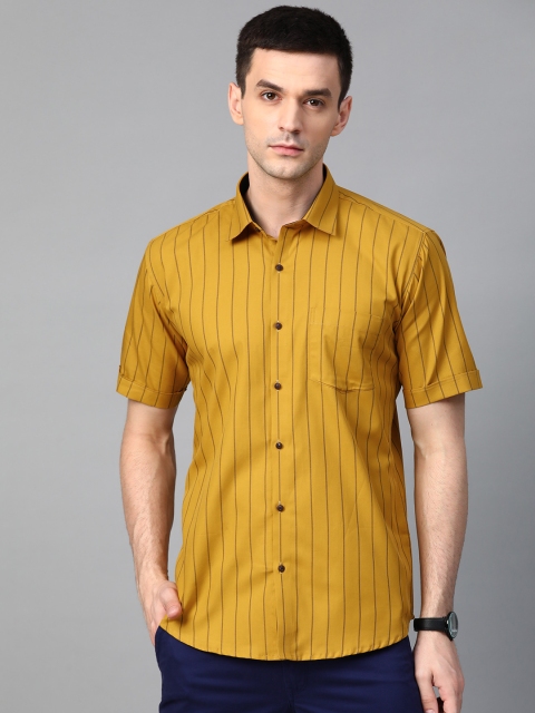 

MANQ Men Mustard & Navy Blue Slim Fit Giza Cotton Striped Smart Casual Shirt