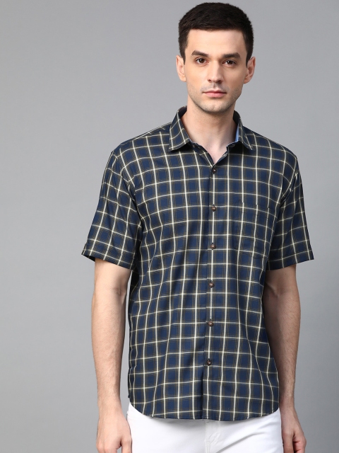 

MANQ Men Navy Blue & Off-White Slim Fit Giza Cotton Checked Smart Casual Shirt