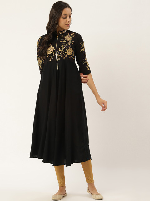 

RANGMAYEE Women Black & Golden Yoke Design A-Line Empire Kurta