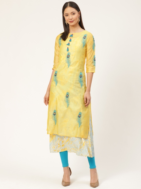 

RANGMAYEE Women Mustard Yellow & Blue Embroidered Layered A-Line Kurta