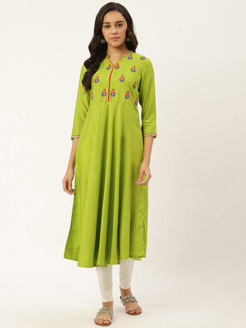 

RANGMAYEE Women Green & Pink Yoke Design A-Line Kurta