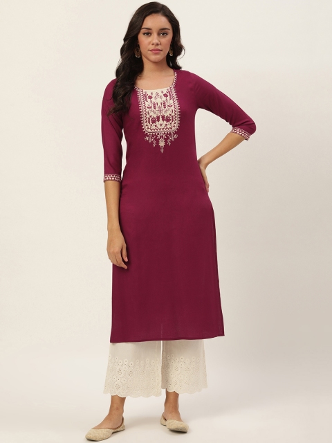 

RANGMAYEE Women Maroon & White Yoke Design Straight Kurta