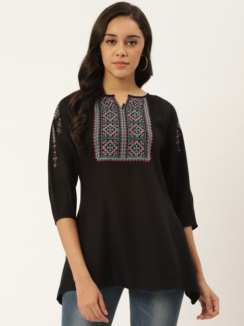

RANGMAYEE Women Black Embroidered Yoke A-Line Tunic