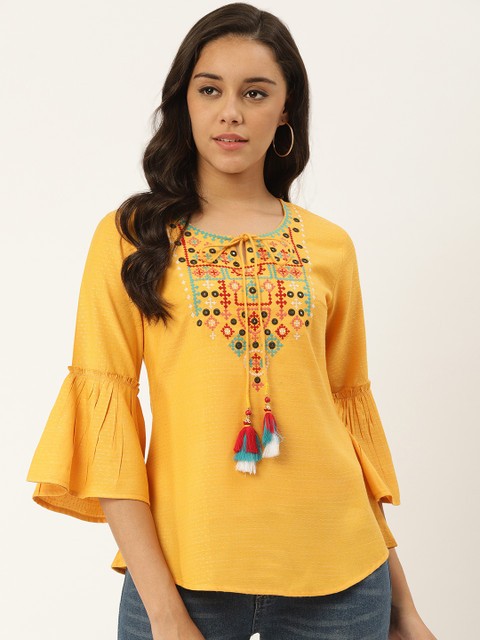 

RANGMAYEE Women Mustard Yellow Embroidered Yoke Top