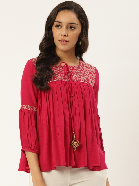 

RANGMAYEE Women Magenta Embroidered Yoke A-Line Top