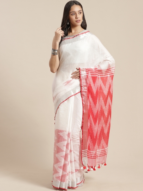 

Kalakari India White & Red Linen Handcrafted Woven Design Saree