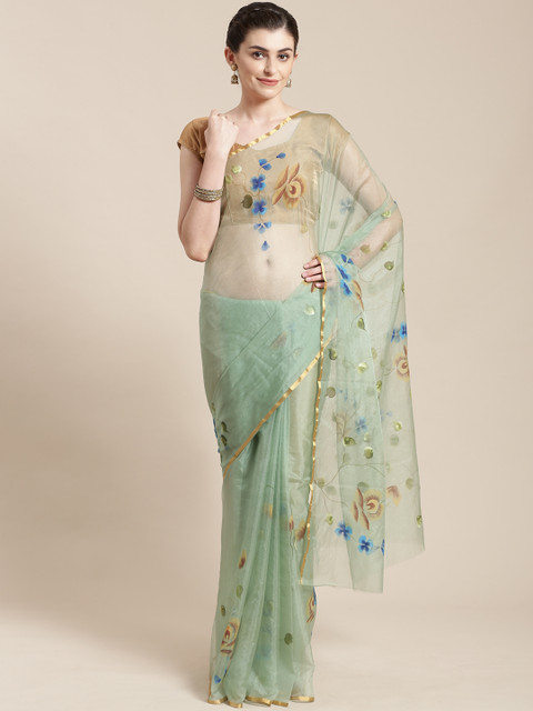 

Kalakari India Sea Green & Blue Handpainted Handcrafted Saree