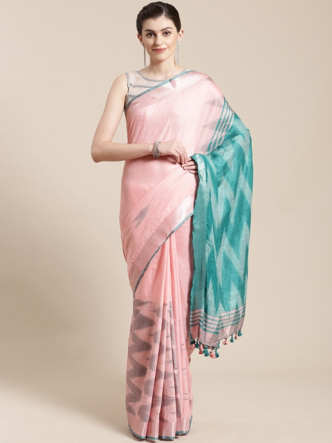 

Kalakari India Peach-Coloured & Green Linen Ikkat Handwoven Saree