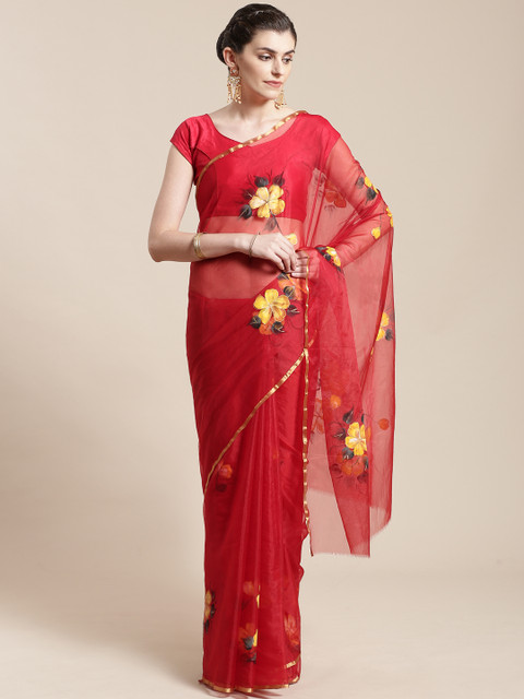 

Kalakari India Red & Yellow Hand Painted Handcrafted Sustainable Saree