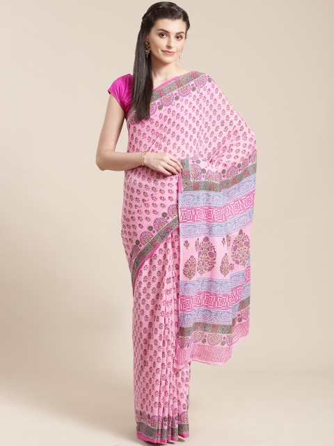 

Kalakari India Pink & Blue Printed Handloom Bagru Saree