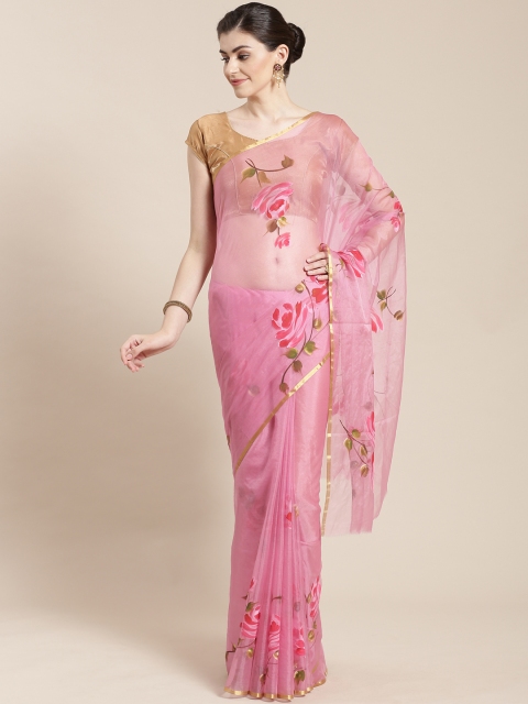

Kalakari India Pink & Green Handpainted Handcrafted Saree