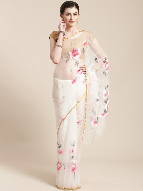 

Kalakari India White & Pink Floral Hand Painted Handloom Saree