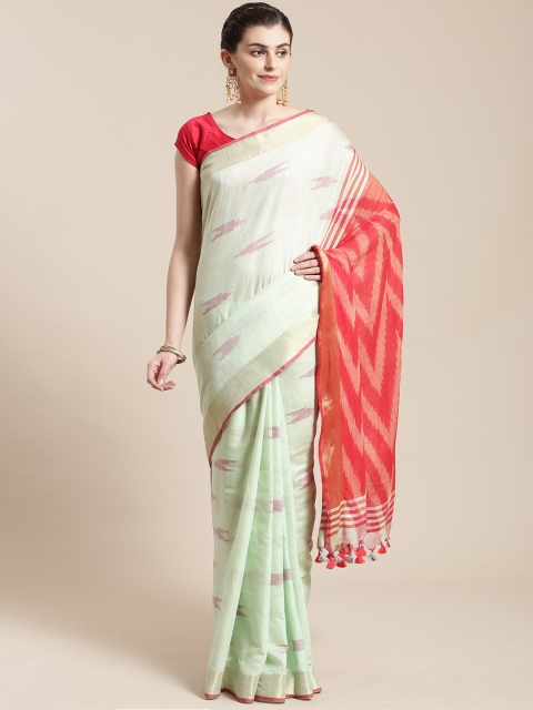 

Kalakari India Green & Red Pure Linen Woven Design Saree