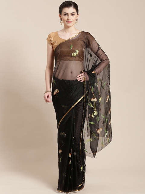 

Kalakari India Black & Green Floral Hand Painted Handloom Sustainable Saree