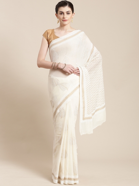 

Kalakari India Off-White & Golden Handblock Print Handloom Saree